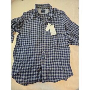 Denim & Flower Mens Slim Fit Gingham Button Down Shirt Navy Blue Grey Size M NWT